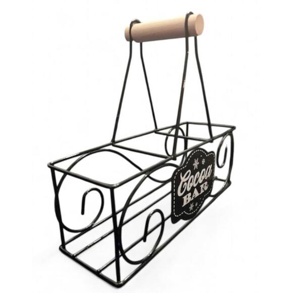 Cocoa Bar Black Metal Basket 9x3x8 Wood Handle Hot Chocolate Organizer Decor - Picture 6 of 8